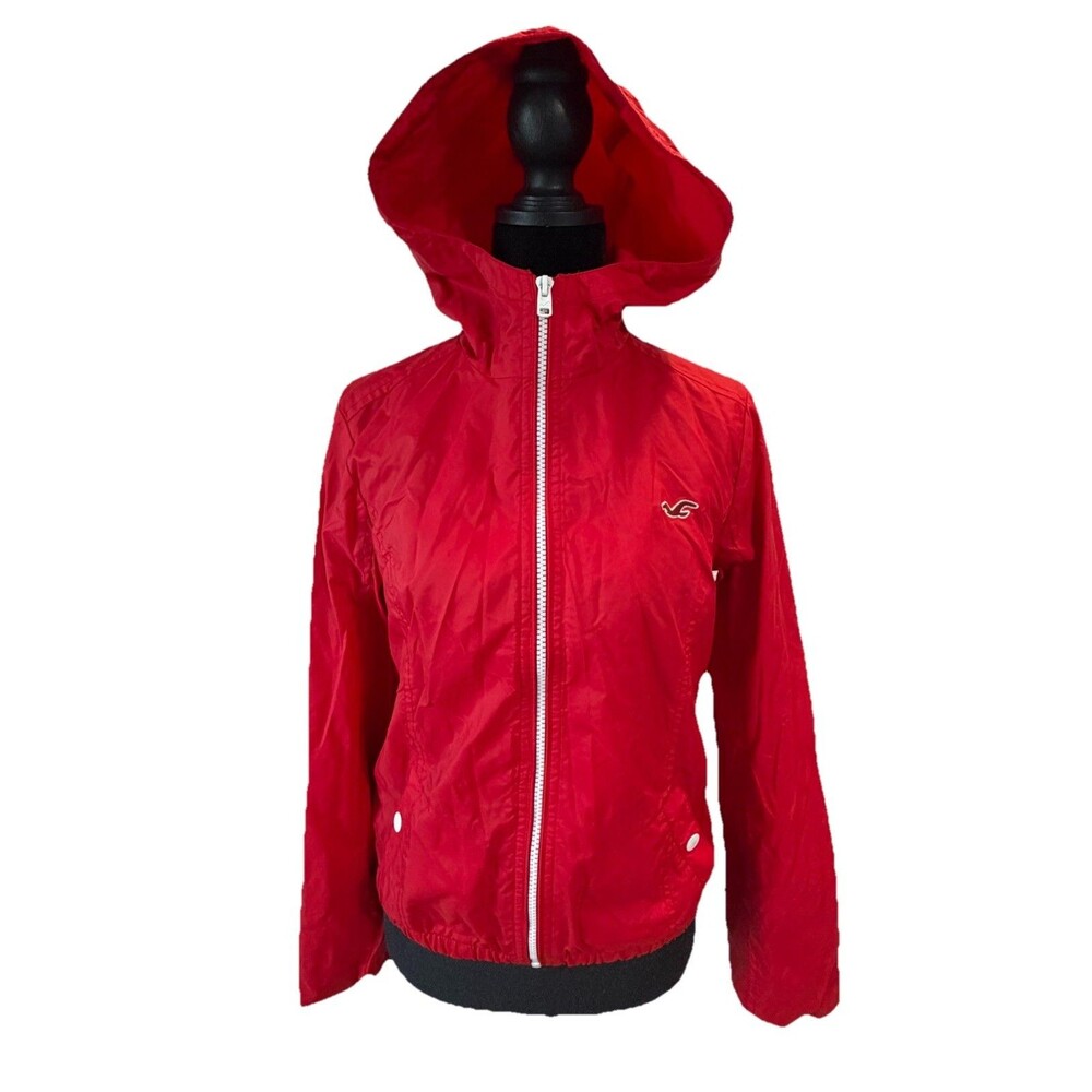 Hollister Women’s M Red Hooded Windbreaker Jacket Y2K Lightweight All Weather